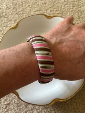 Melly M Striped  Ribbon Bracelet in Brown, Pink, White & Green